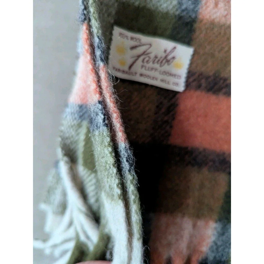 Vintage Faribo Fluff Loomed Wool Throw Blanket Orange Olive Green Plaid Fringe